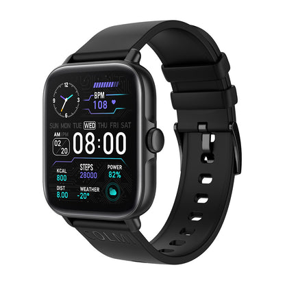 Black smartwatch with a digital display on a white background