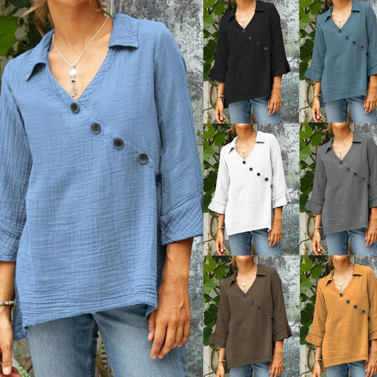 Women's Cotton And Linen Button V-neck Shirt Top