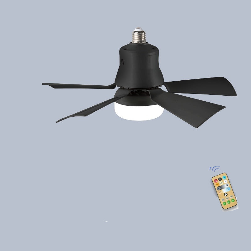 Black ceiling fan light with remote control, dimensions, and light color options on a gray background.