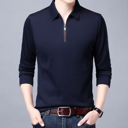 Spring And Autumn Men Long Sleeve Lapel Half Zip T Shirt