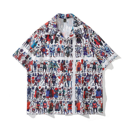 A short-sleeved chemical fiber shirt featuring a black and white floral pattern with a lapel collar.