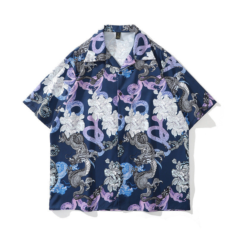 A short-sleeved chemical fiber shirt featuring a black and white floral pattern with a lapel collar.