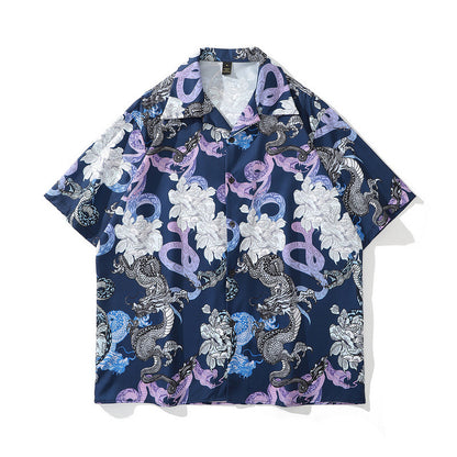 A short-sleeved chemical fiber shirt featuring a black and white floral pattern with a lapel collar.
