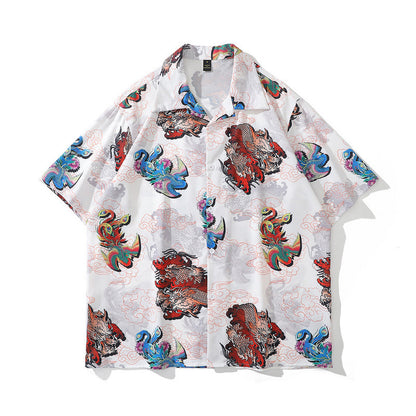 A short-sleeved chemical fiber shirt featuring a black and white floral pattern with a lapel collar.