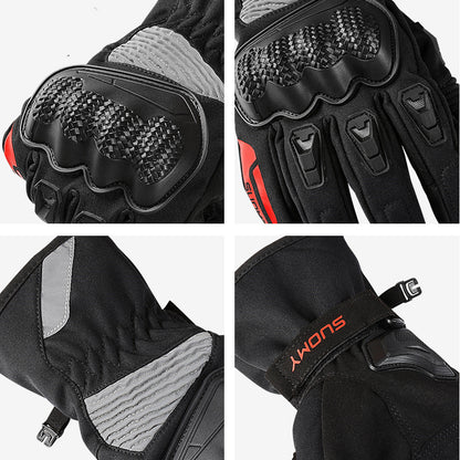 Collage of black gloves with red accents, showing different parts and features.