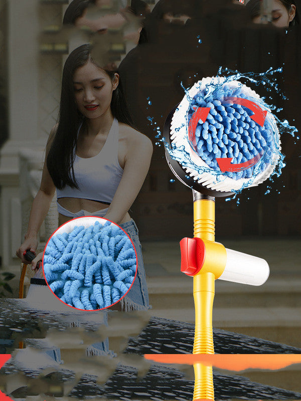 Cleaning tool with blue microfiber pads and red accents, woman cleaning in the background