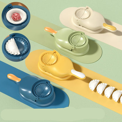 2-in-1 dumpling maker with colorful handles on a multicolored background