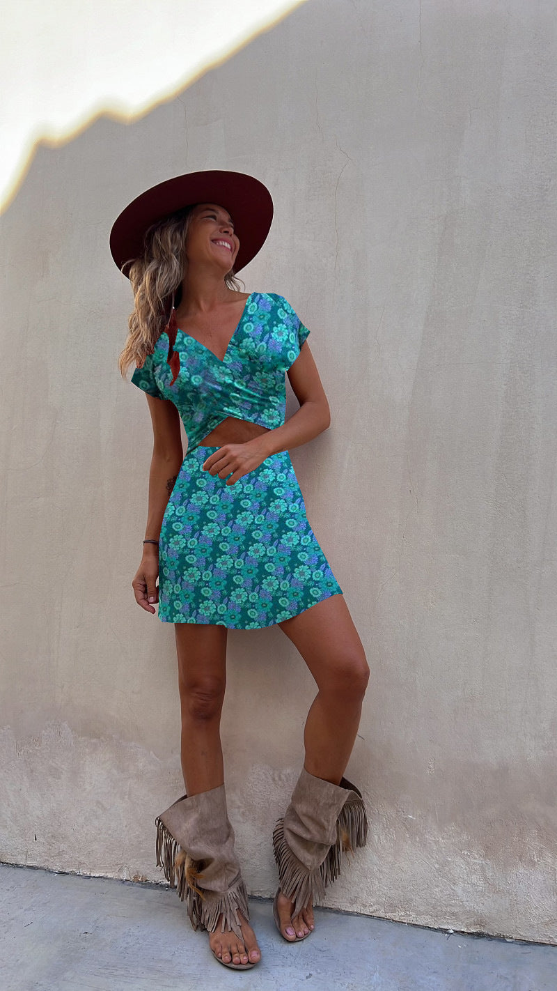 Short-sleeved Printed Short Dress