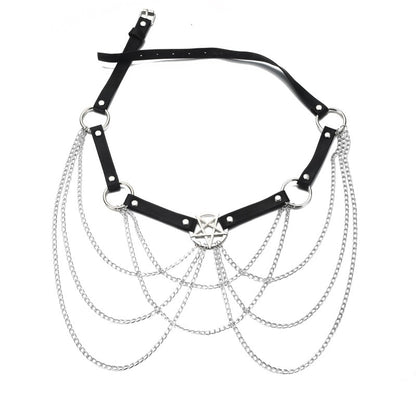 A model wearing a black body chain jewelry with metal details and a pentagram symbol.