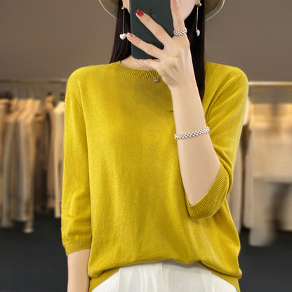 Front Line Ready-made Garments Worsted Sweater Half Sleeve Round Neck Pure Color All-matching Loose T-shirt