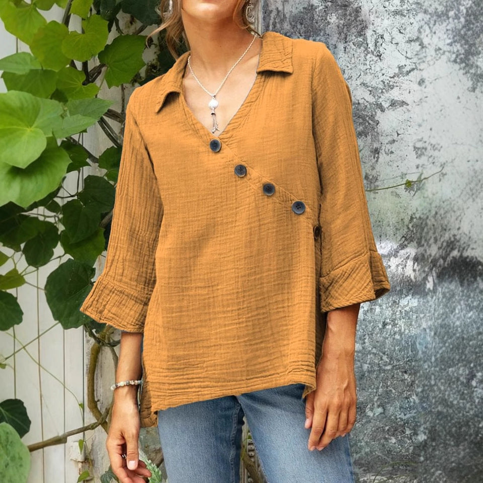 Women's Cotton And Linen Button V-neck Shirt Top