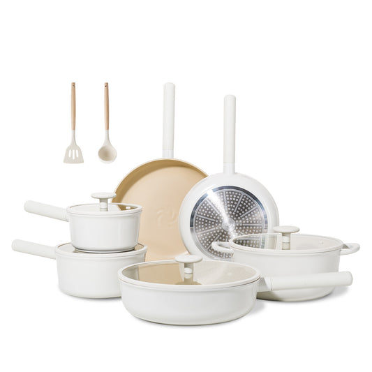 Ceramic Cookware Sets 17pcs, Pots And Pans Set Non Stick, Healthy Induction Kitchen Cooking Set With Removable Handles, Stackable Pots Pans, Oven Safe, PFOA,PFOS Free, Beige