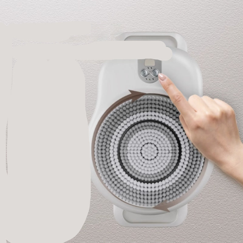 Hand adjusting a circular cleaning device with text on different bathing needs.