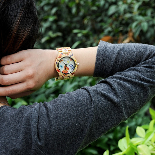 BOBO BIRD O20 Butterfly Print Women’s Bamboo Quartz Watch