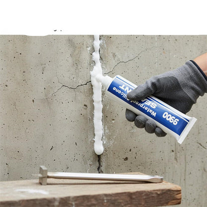 Hand applying high-strength sealant to a crack in concrete with text indicating its use.