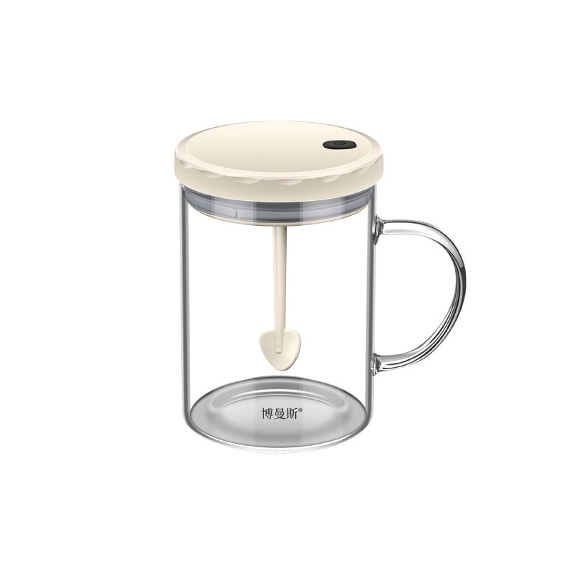 Glass mug with a white lid and handle on a white background