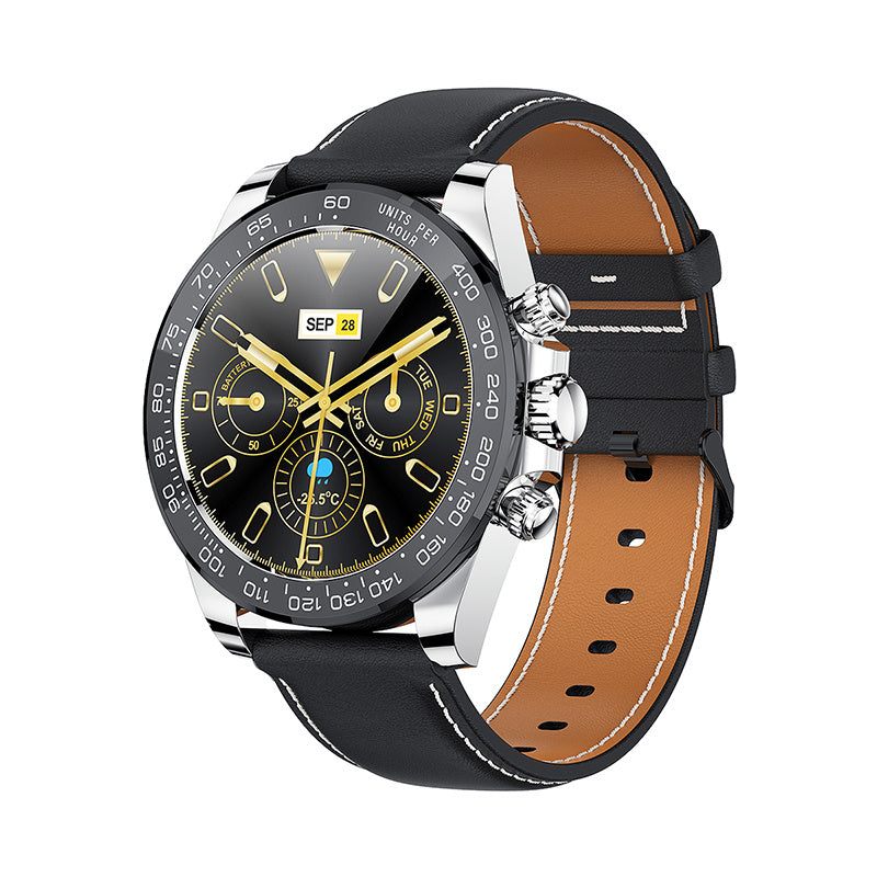 Wristwatch with black and brown leather strap on a white background