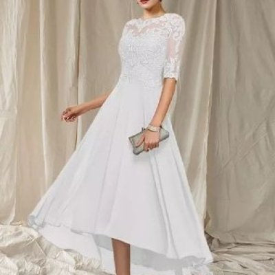 Lace Applique Half Sleeve Formal Party Dress
