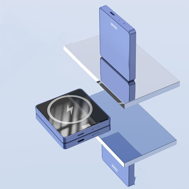 Blue wireless charging pad with smartphone on a light blue background