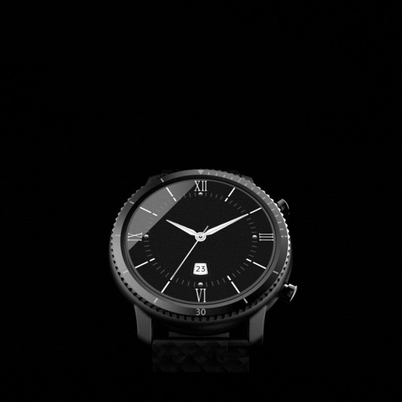 Black wristwatch with a dark face on a black background