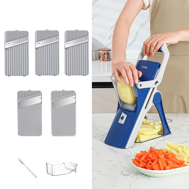 Multifunctional vegetable cutter with interchangeable blades and usage demonstration.