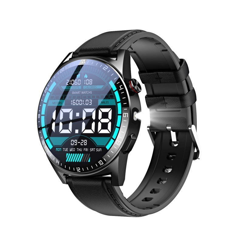 Black smartwatch with digital display on a white background