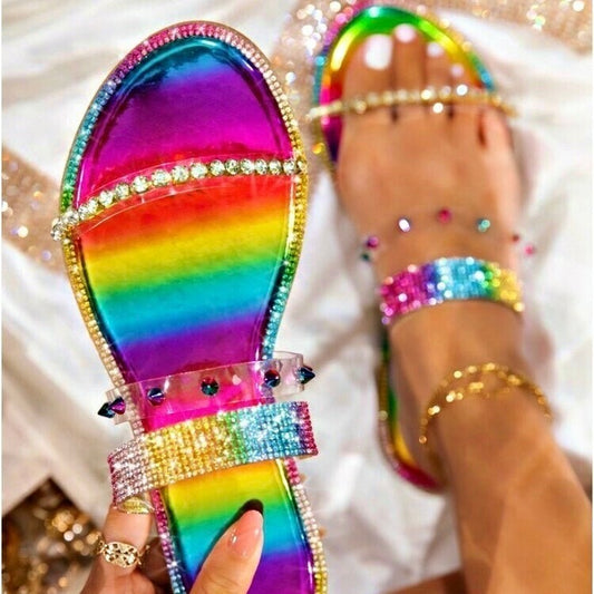 Rhinestone Rivets Flat-bottomed Colorful Sandals And Slippers Women