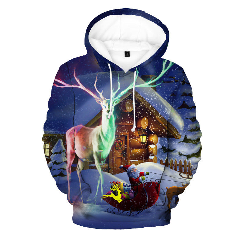 Hoodie with a Christmas-themed design featuring a reindeer and Santa Claus.
