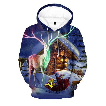 Hoodie with a Christmas-themed design featuring a reindeer and Santa Claus.