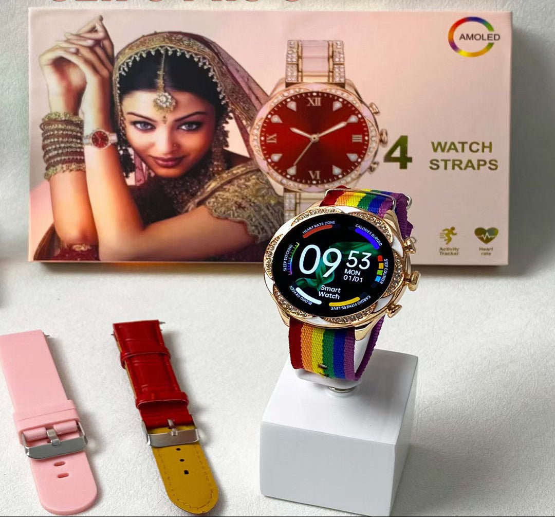 Smartwatch with rainbow strap and additional straps on a stand, with packaging in the background.
