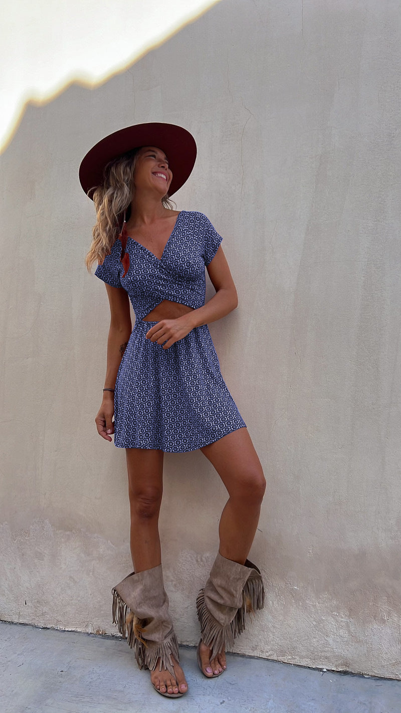 Short-sleeved Printed Short Dress