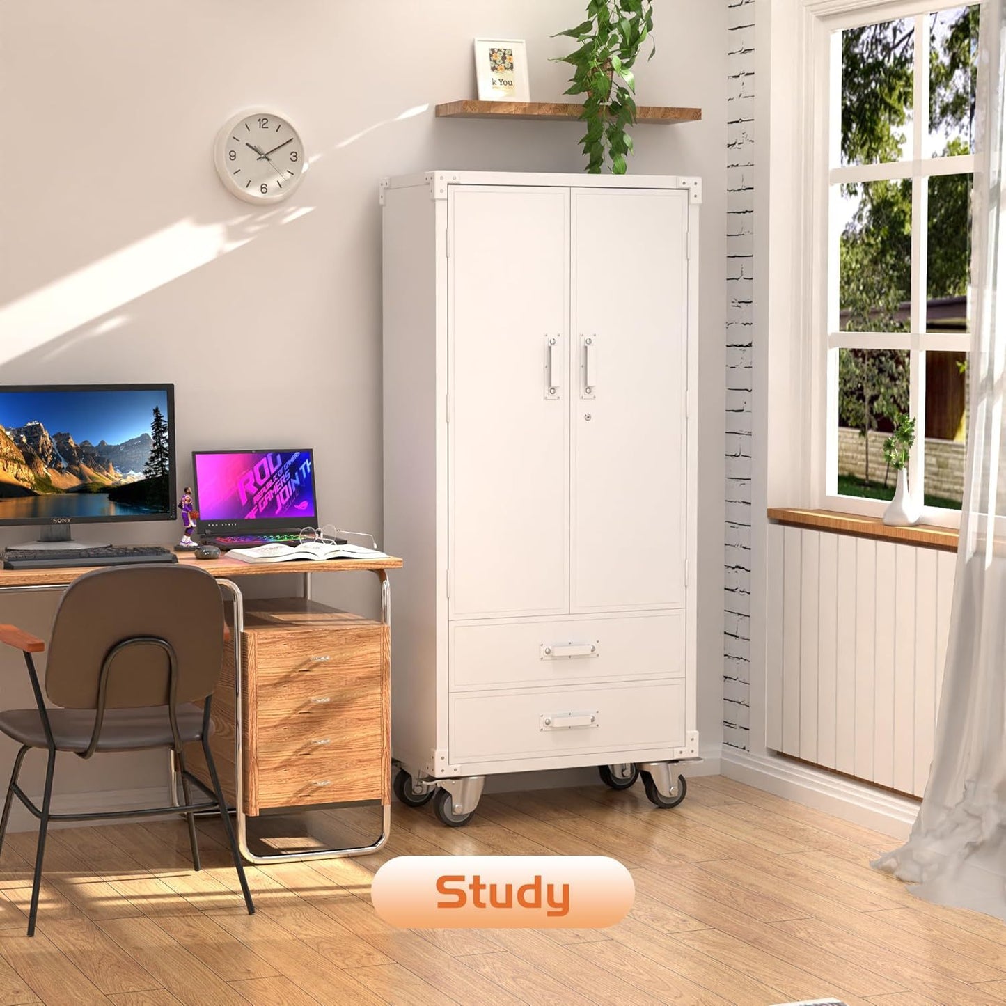 Rolling Storage Cabinet With 2 Doors And 2 Drawers, Metal Storage Cabinet With Doors And Shelves, Locking Steel Cabinet For Warehouse, Home, Office White