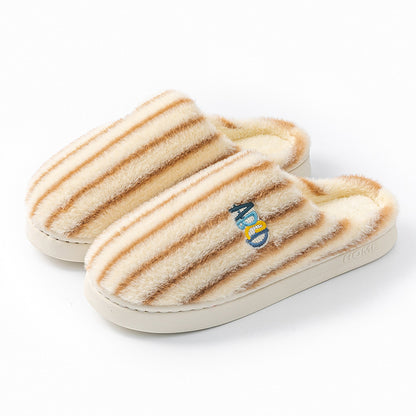 Ins Plush Striped Slippers - Winter Warm Letter Embroidered Shoes