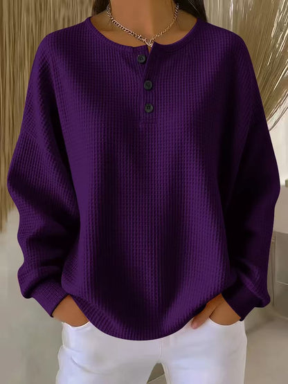 Ins Waffle Long-Sleeved T-Shirt- Fashion Solid Color Buttons Round Neck Pullover Top