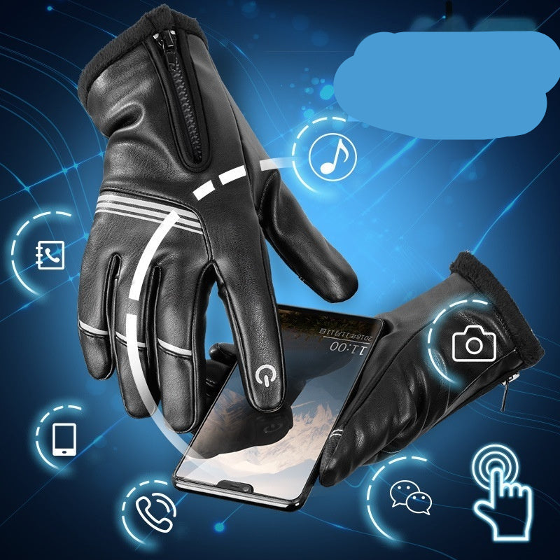 Black touchscreen gloves with a smartphone on a blue background