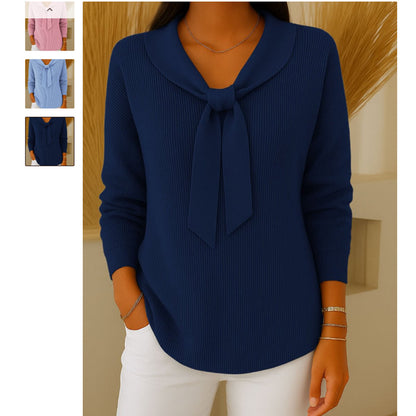 Women's Solid Color Loose Knitted Bow Sweater - Casual Japanese & Korean Style