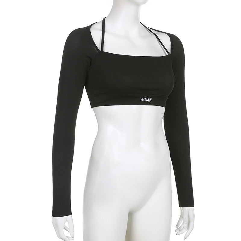 Solid Color Knitted Letter Body-Hugging Suit - Long Sleeve Top & High Waist Leggings Set