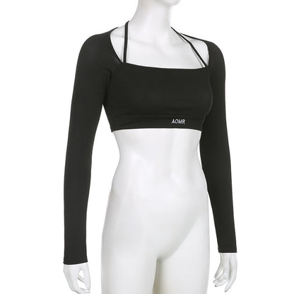 Solid Color Knitted Letter Body-Hugging Suit - Long Sleeve Top & High Waist Leggings Set