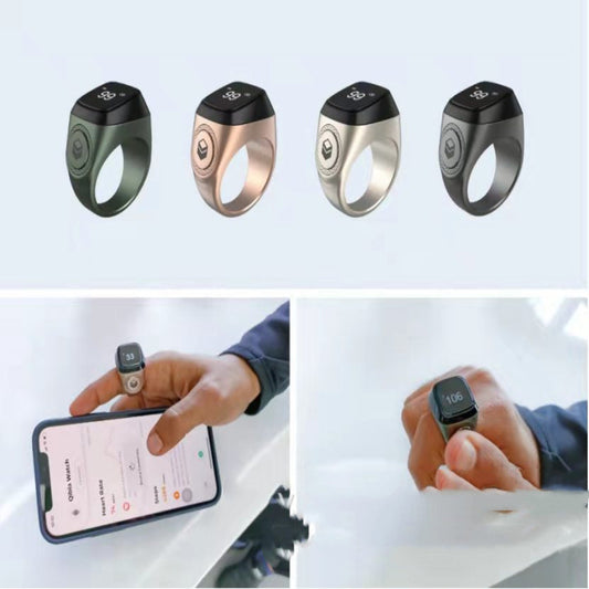 Smart rings in various colors displayed with a person using a phone app.