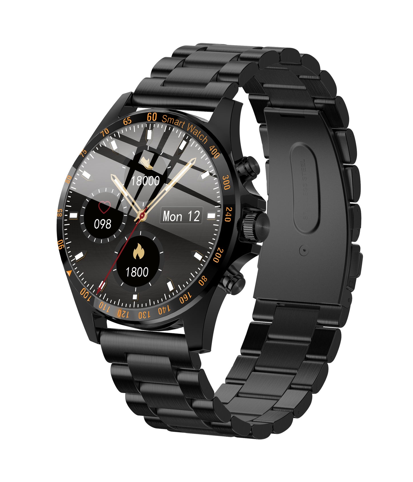 Black smartwatch with a detailed face on a white background