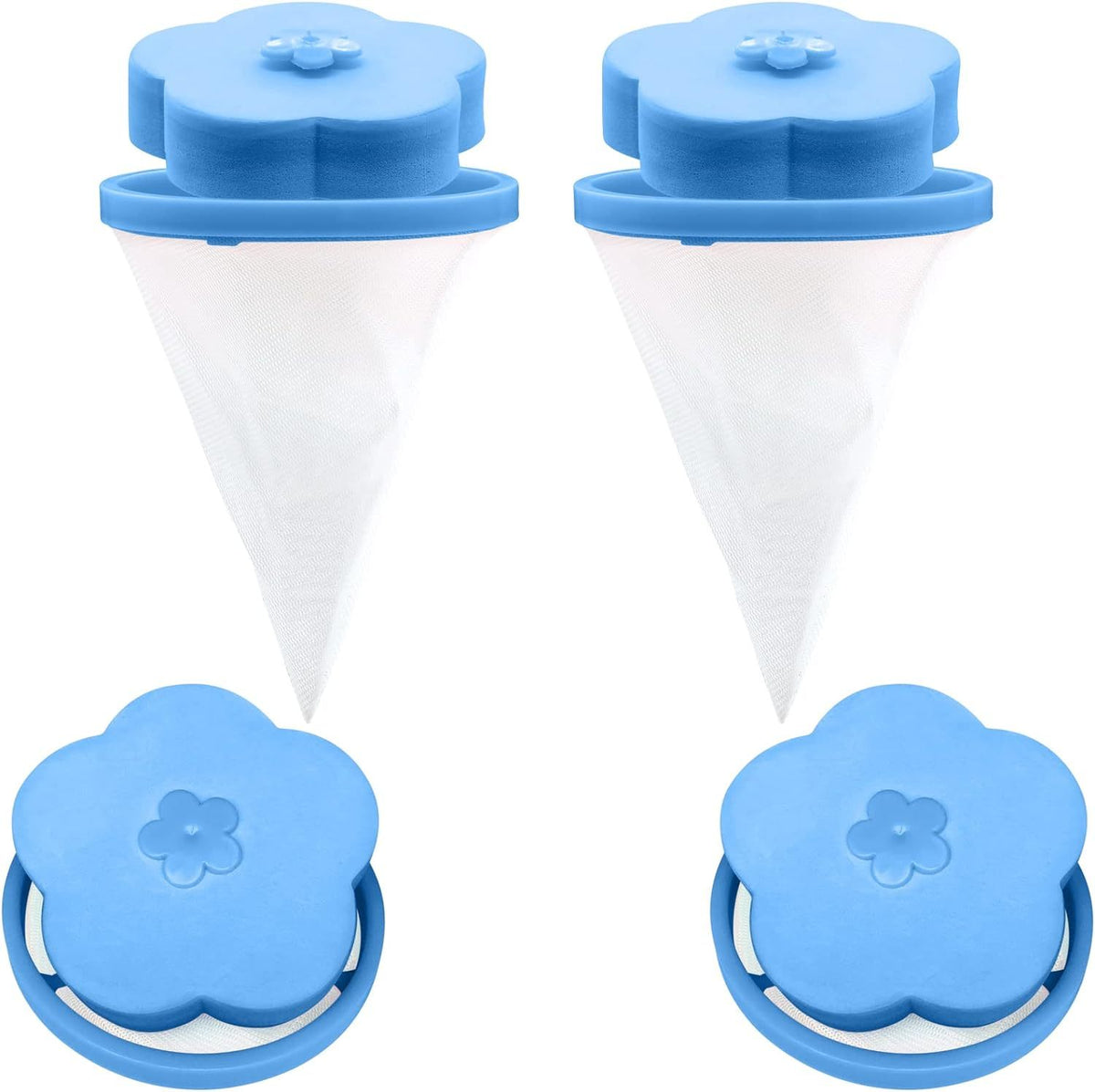 Two blue and white plastic filters on a white background