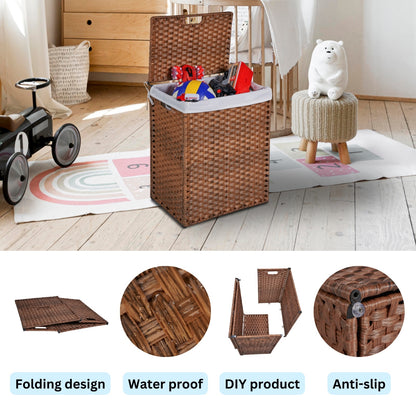 Laundry Hamper With Lid PE Rattan Powder Coating Frame Clothes Hampers With 02 Removable Bags,