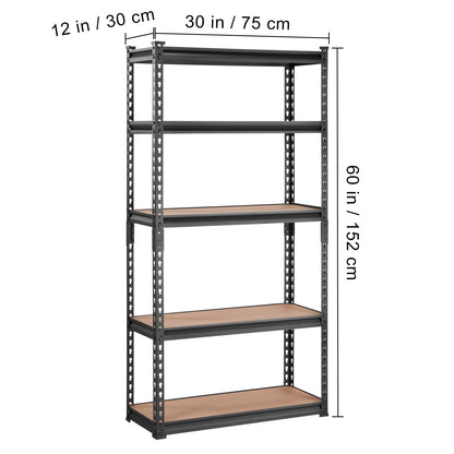 VEVOR Storage Shelving Unit, 5Tier Adjustable, 2000 Lbs Capacity, Heavy Duty Garage Shelves Metal Organizer Utility Rack, Black, 30L X 12W X 60 H For Kitchen Pantry Basement Bathroom Laundry