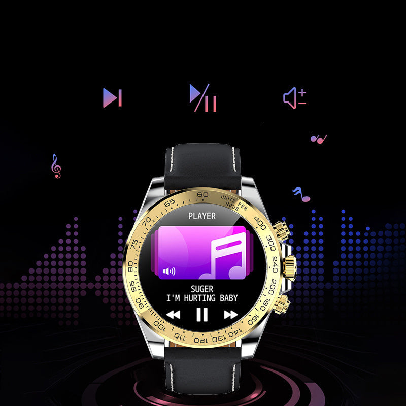 Smartwatch with music player interface on a dark background, featuring the brand 'musci control'.