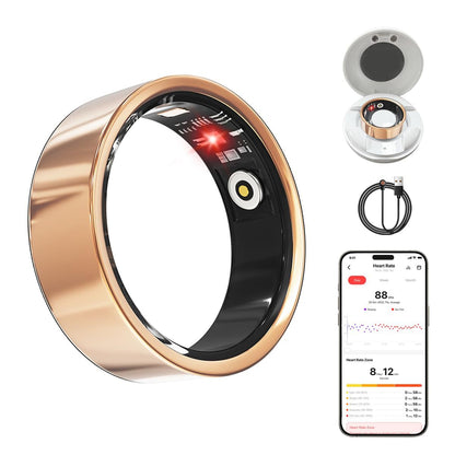 Smart ring with electronic components and a smartphone app displaying heart rate data.