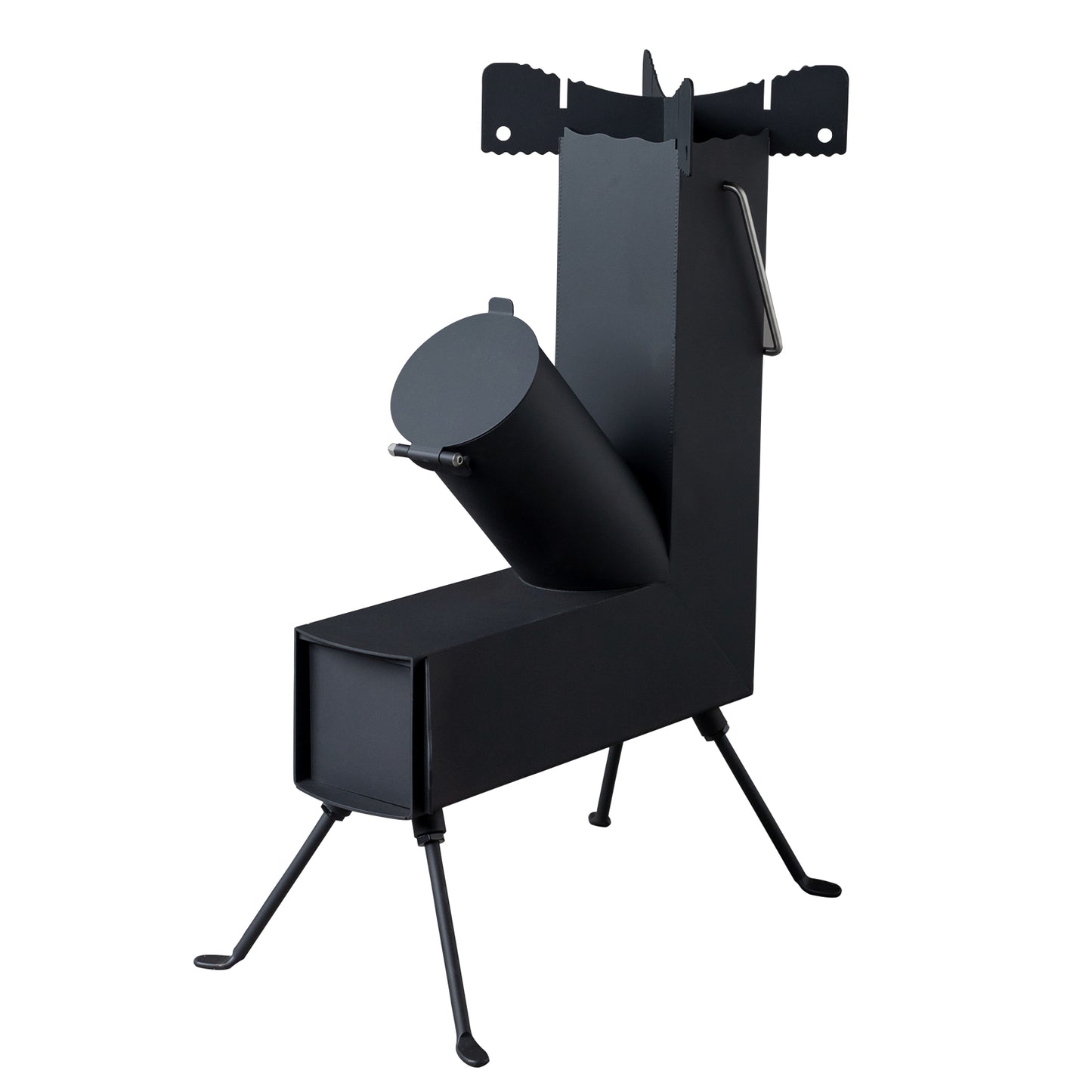 Black metal firewood stove on a white background