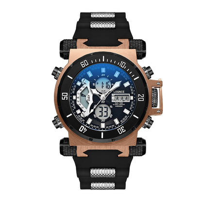 Multifunctional watch with black strap and rose gold case on white background