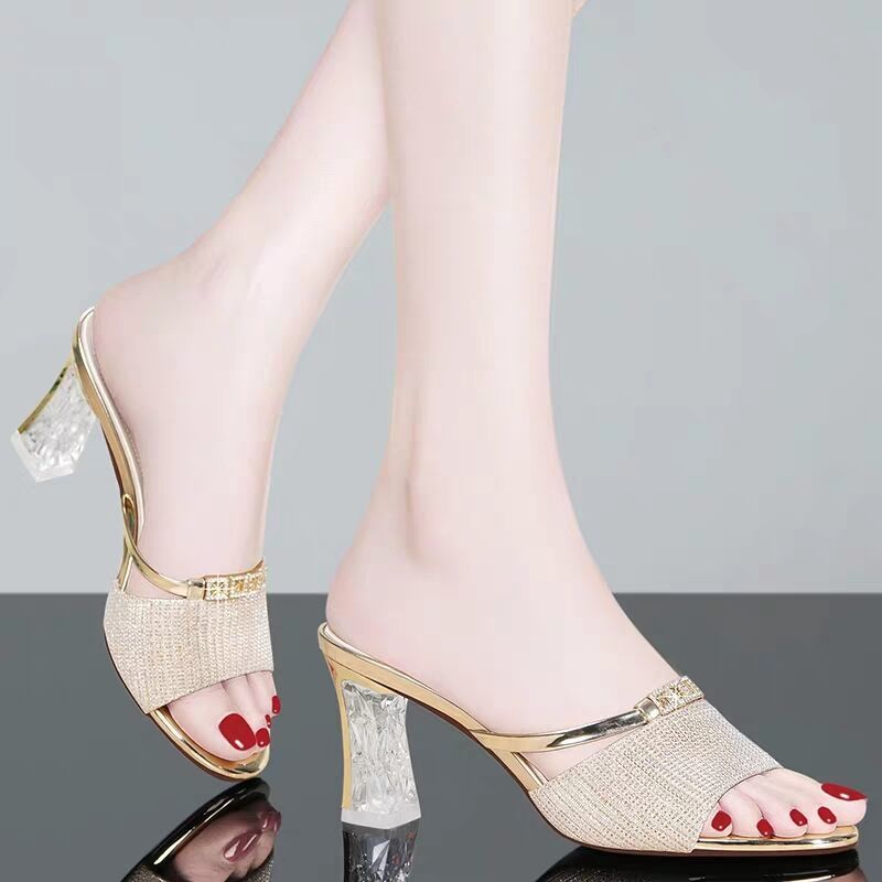 Fashion Half Slippers Women'S Outer Wear Thick Heel Mid-Heel Rhinestone Crystal Sandals Women Outdoor
