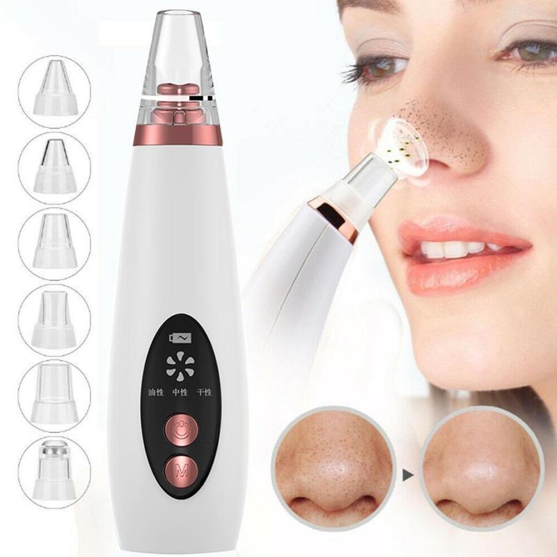 Beauty device with attachments and a close-up of a person using it on their nose.