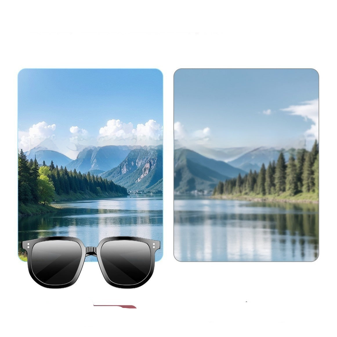 Sunglasses with UV protection lenses displayed against a scenic background of mountains and lake.